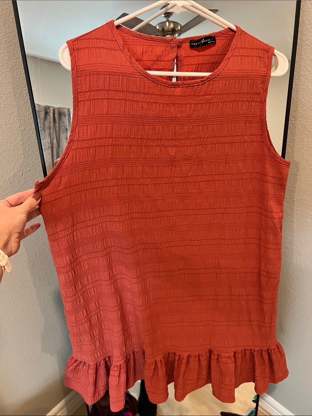 Lush Textured Rust Sleeveless Tank with Ruffle Hem